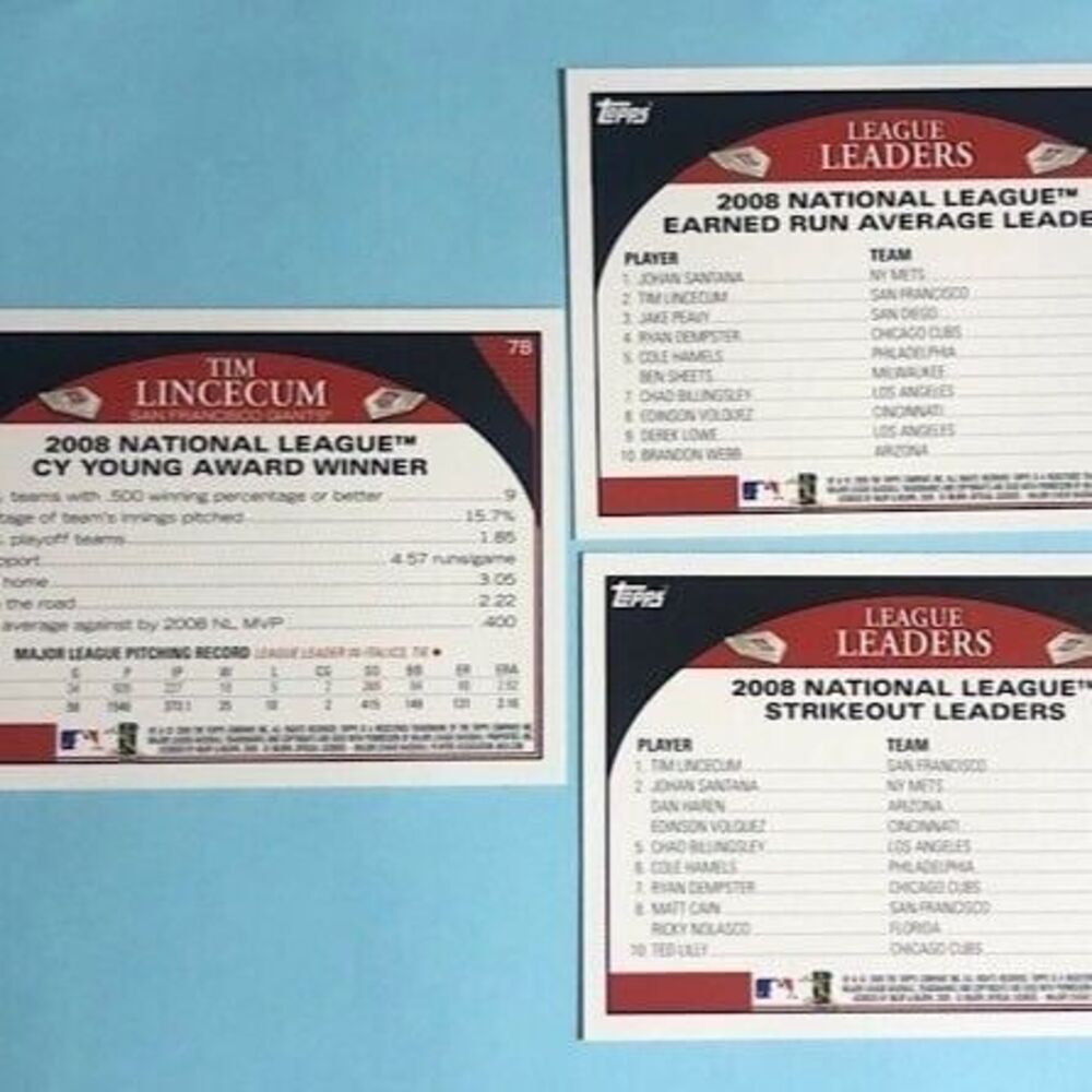 2009 Topps San Francisco GIANTS, Tim Lincecum 3 Cards Cy Young #78 & 2NL Leaders - Picture 2 of 2
